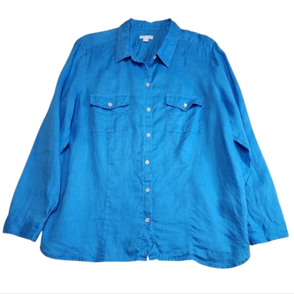 J. Jill Love Linen 100% Linen Button Up Long Sleeve Top Shirt Blue Size Large - Picture 1 of 9